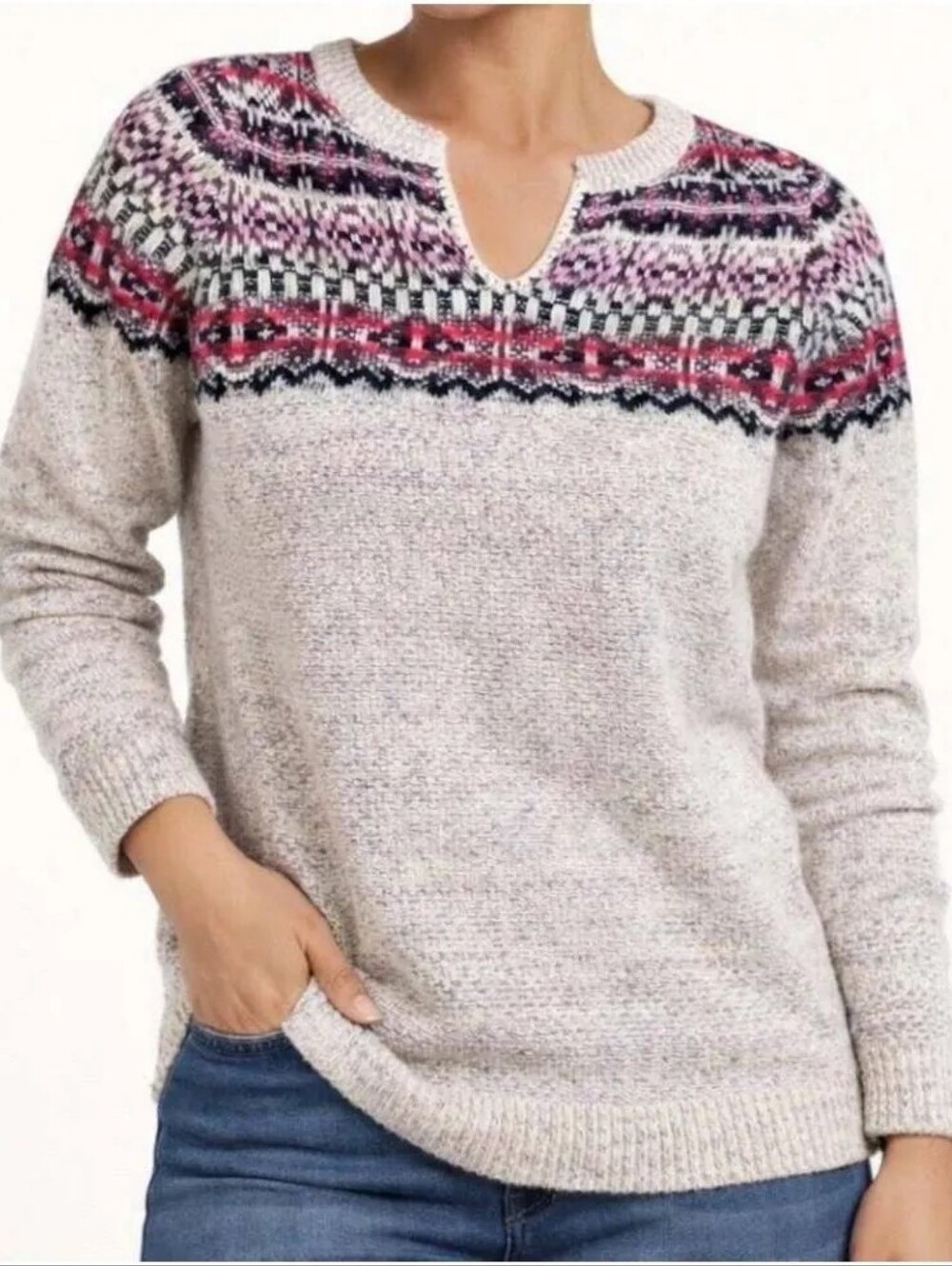 JJill Cozy Cream Fair Isle Yoke Sweater with Pink Accent